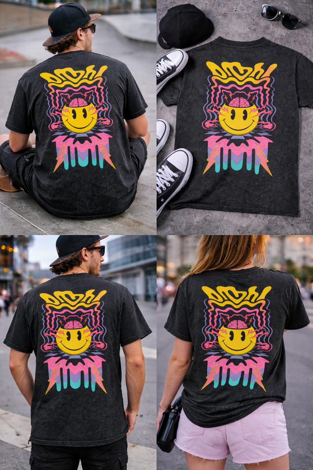 Premium Acid Wash T-Shirt Brainstorm Smiley Street printed Tees (Unisex)