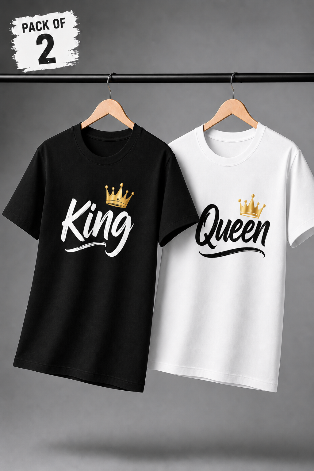 Couple King Queen Printed Cotton T-Shirts – Matching Crown Graphic Tees - Pack of 2 Teenzos