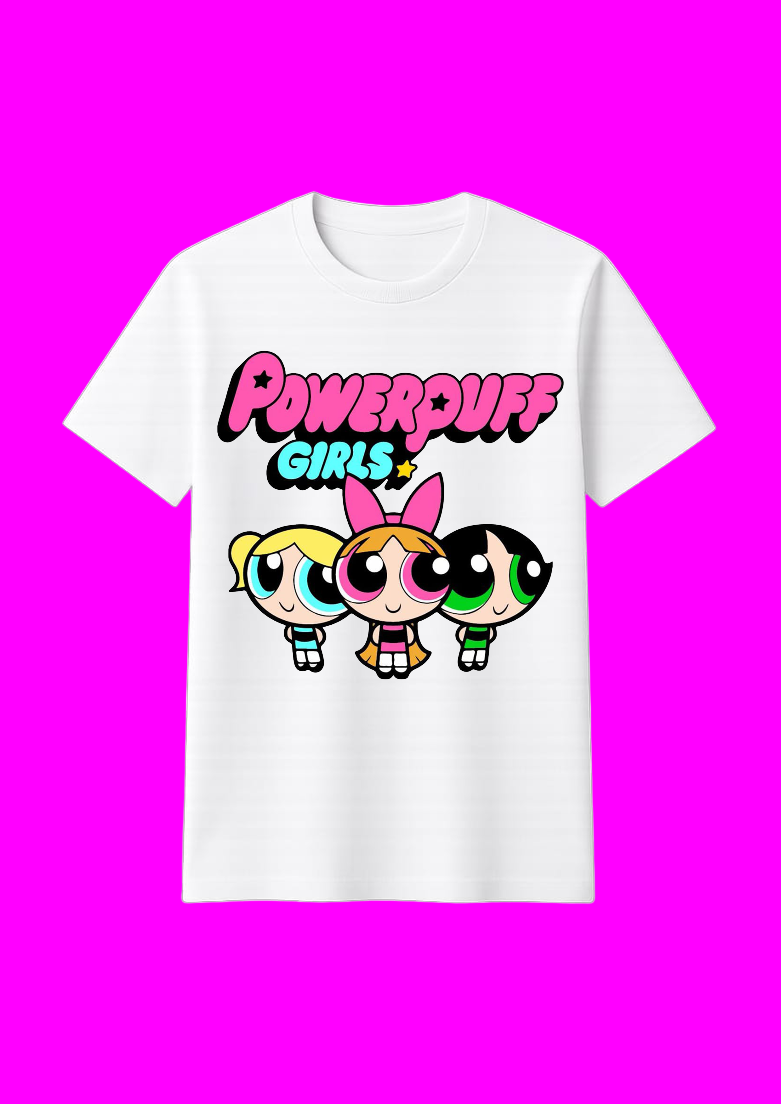 white tees printed power puff girls.