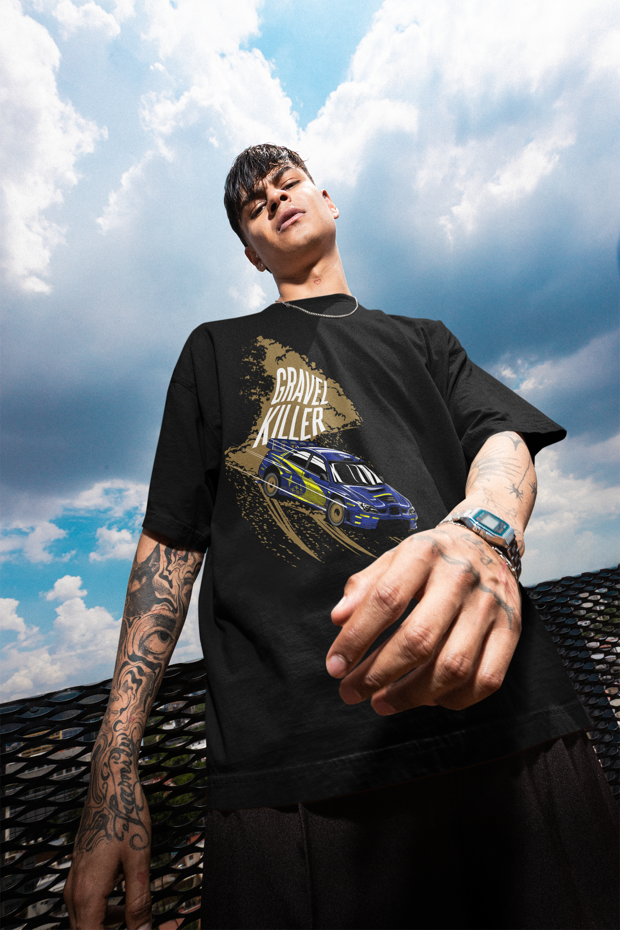 Original Black Oversized Car Drift Printed T-shirts (Unisex)