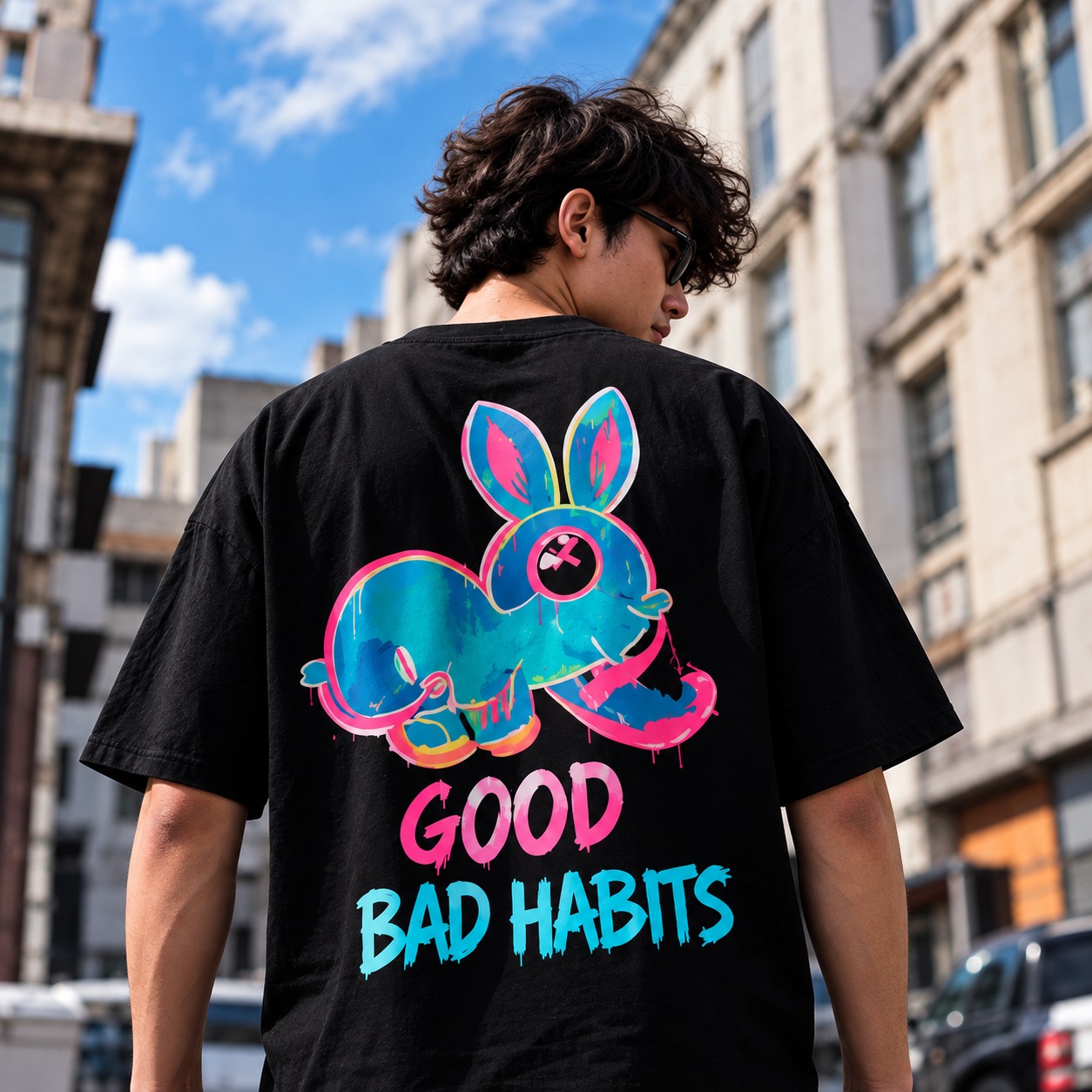 TeenZos customer wearing Good Bad Habits graphic tee