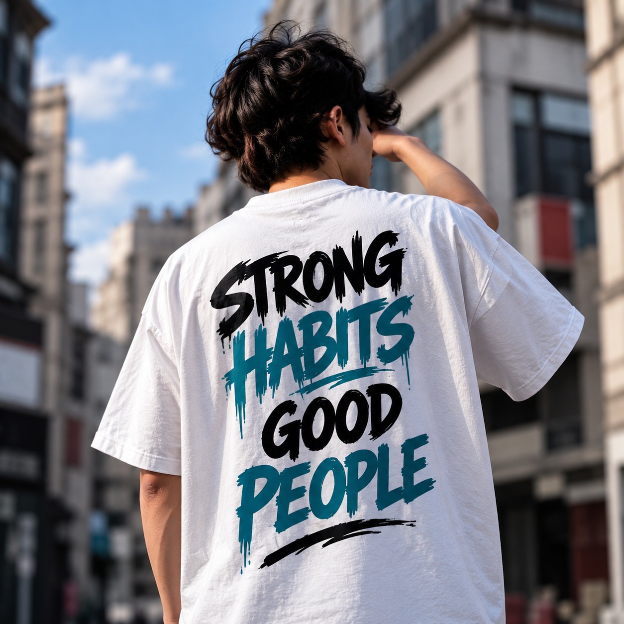 TeenZos customer wearing Strong Habits Good People tee