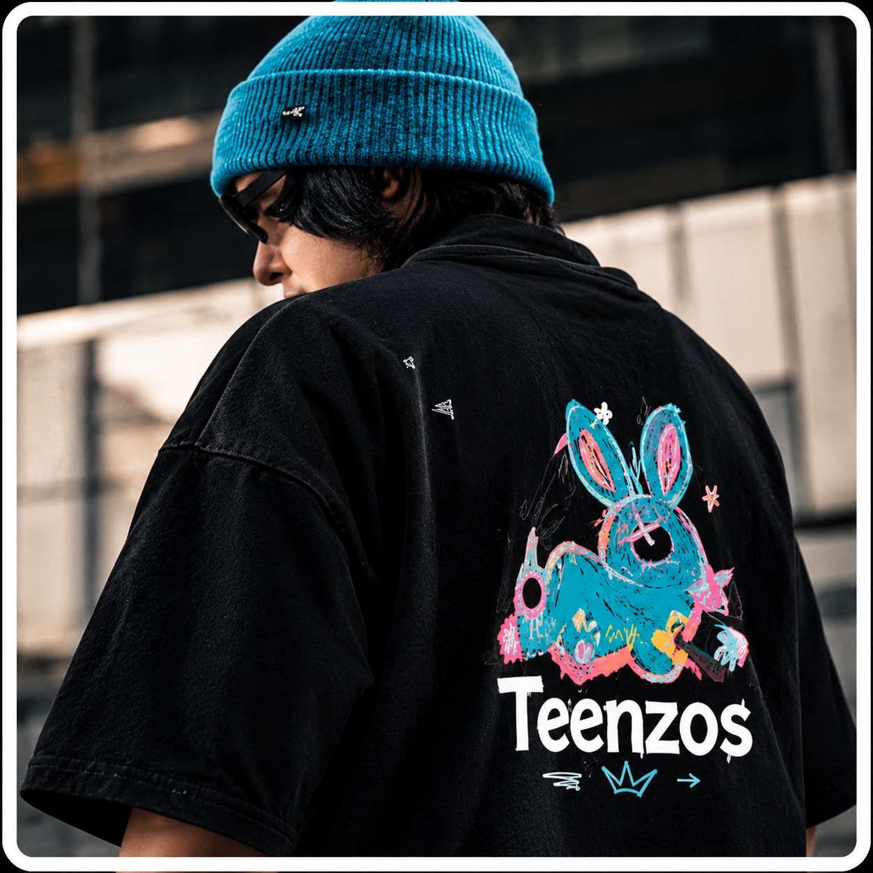 Model wearing TeenZos Cyber Bunny streetwear hoodie