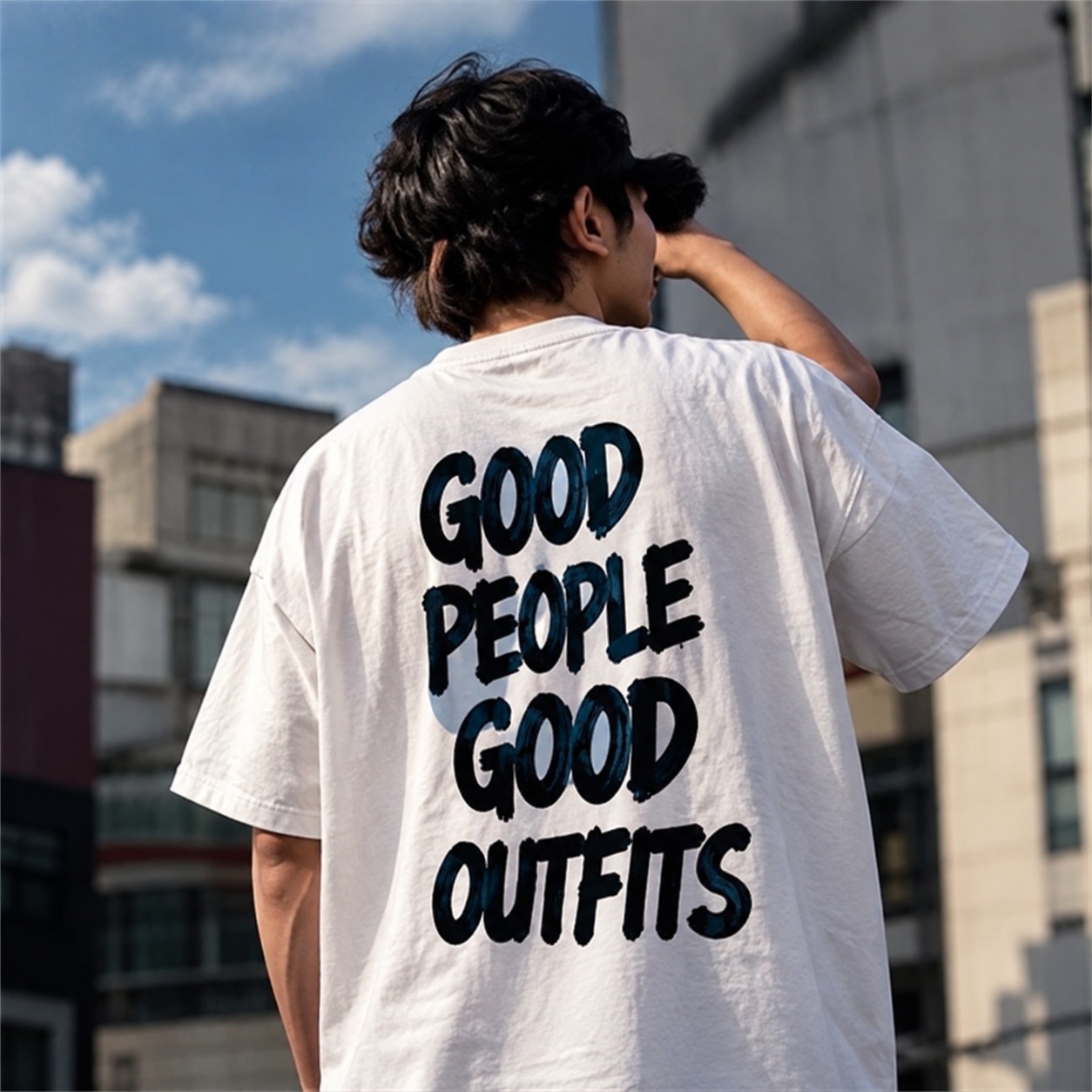 Model wearing Good People Good Outfits street tee